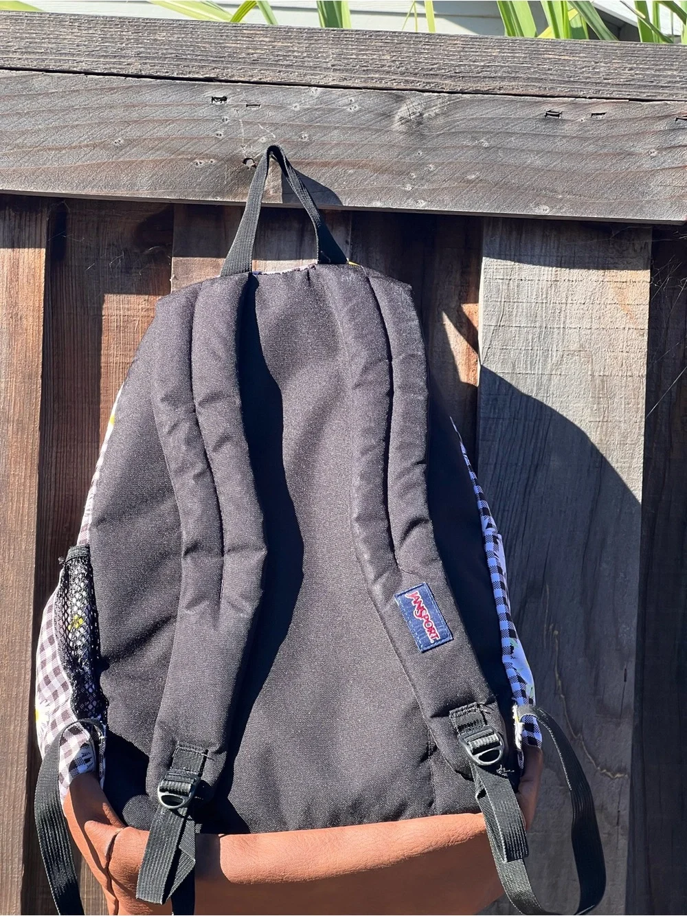 Jansport Brown Gingham Daisy Kids Backpack with Tan Faux-Leather Base